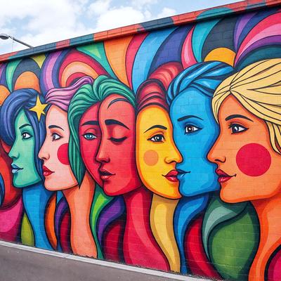The primary subject of the image is a mural featuring a row of colorful faces painted on a wall. The setting is an outdoor wall, and the visual style appears to be a combination of digital art and illustration. The mural is painted in vibrant colors, creating a lively and cheerful atmosphere.